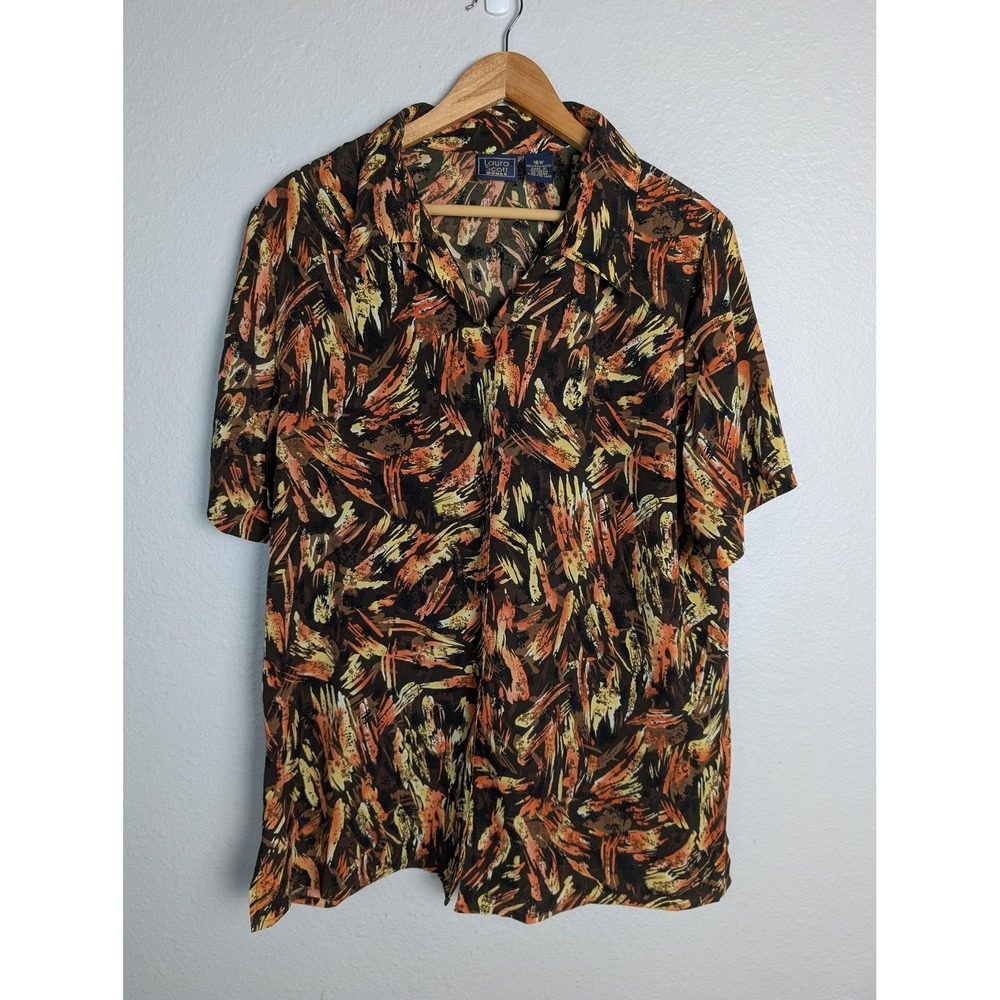 Laura Scott Button-Up Womens 16W Brown Geometric Short Sleeve Chiffon Top